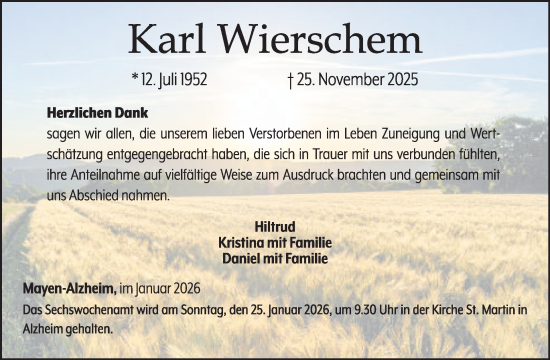 Traueranzeige von Karl Wierschem von WochenSpiegel