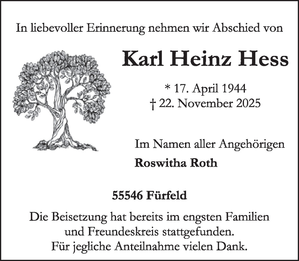  Traueranzeige für Karl Heinz Hess vom 03.01.2026 aus WochenSpiegel
