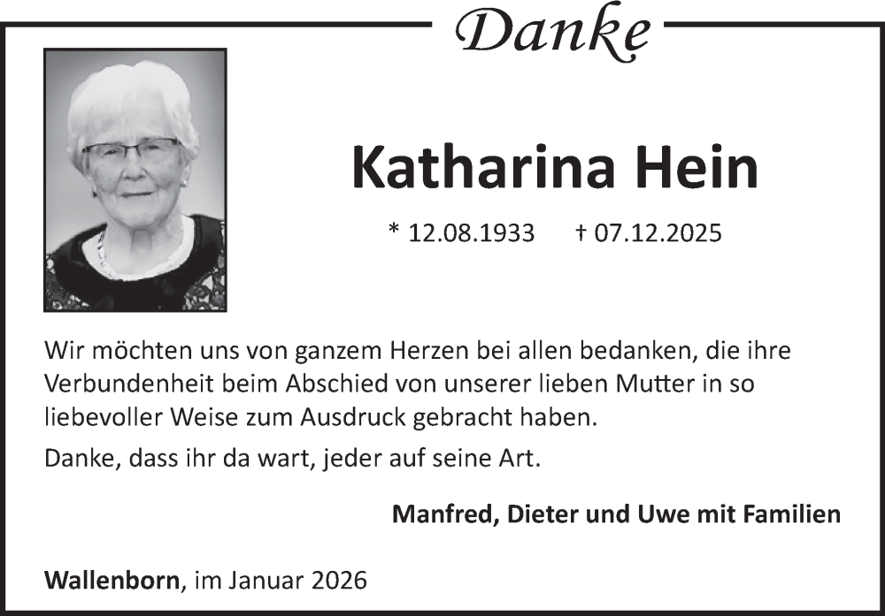  Traueranzeige für Katharina Hein vom 31.01.2026 aus WochenSpiegel