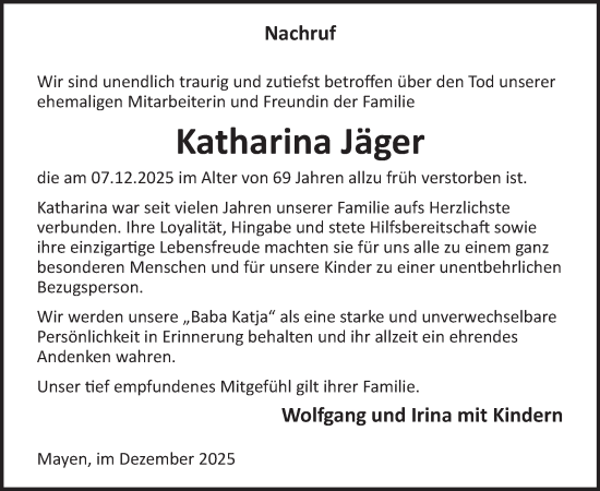 Traueranzeige von Katharina Jäger von WochenSpiegel