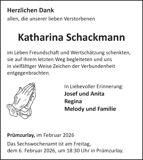 Traueranzeige von Katharina Schackmann von WochenSpiegel