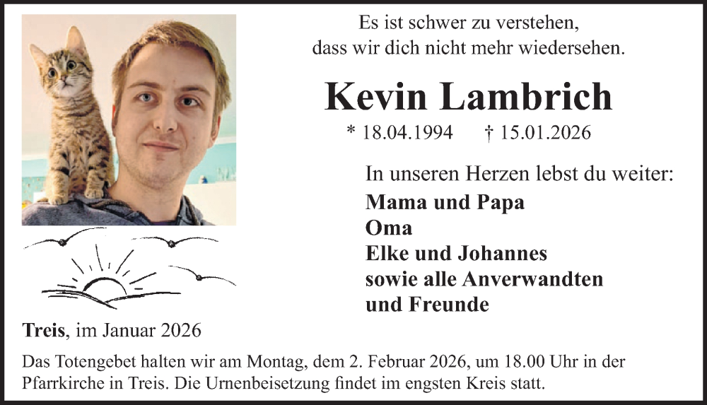  Traueranzeige für Kevin Lambrich vom 28.01.2026 aus WochenSpiegel