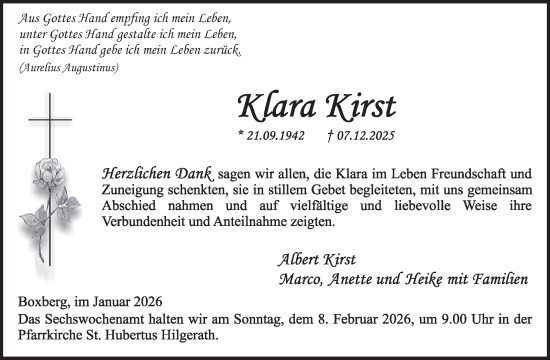 Traueranzeige von Klara Kirst von WochenSpiegel