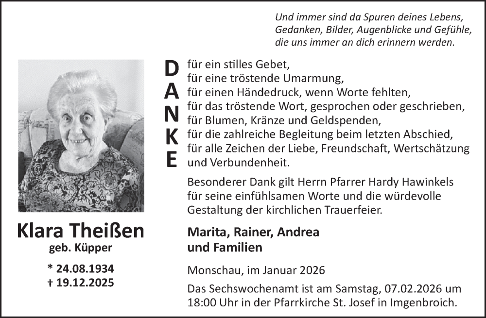  Traueranzeige für Klara Theißen vom 28.01.2026 aus WochenSpiegel