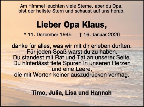 Traueranzeige von Klaus  von WochenSpiegel