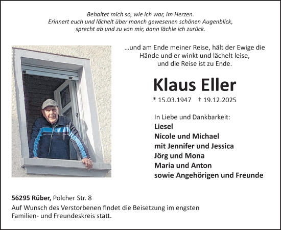 Traueranzeige von Klaus Eller von WochenSpiegel