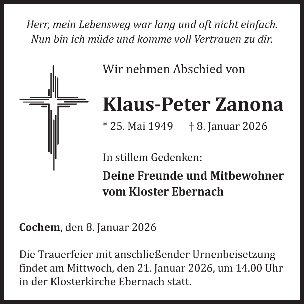  Traueranzeige für Klaus-Peter Zanona vom 14.01.2026 aus WochenSpiegel