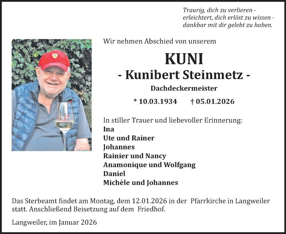  Traueranzeige für Kunibert Steinmetz vom 10.01.2026 aus WochenSpiegel