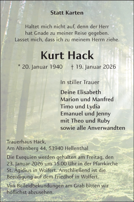 Traueranzeige von Kurt Hack von WochenSpiegel