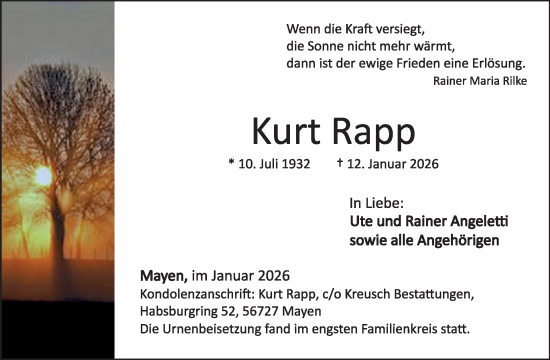 Traueranzeige von Kurt Rapp von WochenSpiegel