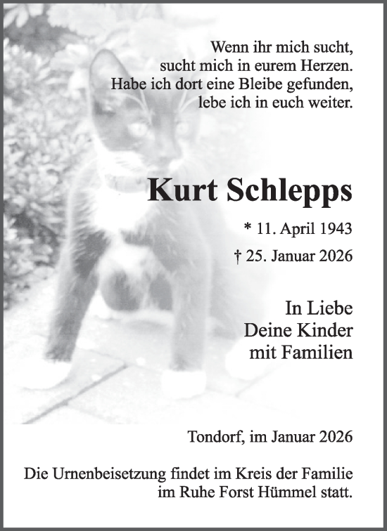 Traueranzeige von Kurt Schlepps von WochenSpiegel