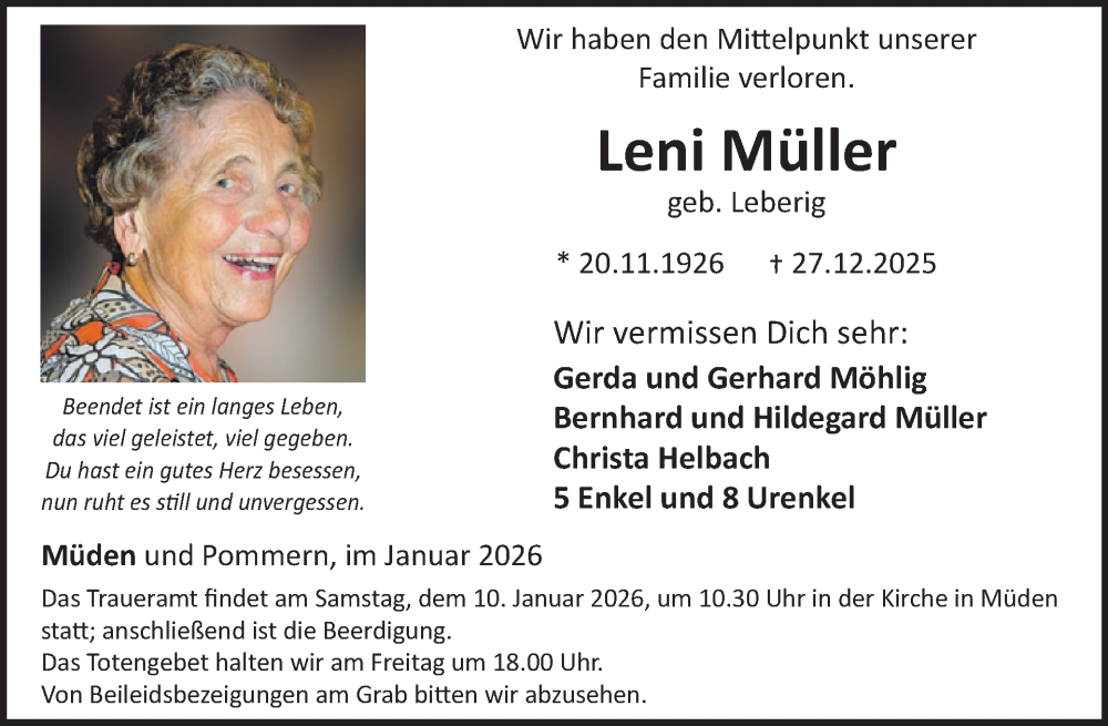  Traueranzeige für Leni Müller vom 07.01.2026 aus WochenSpiegel