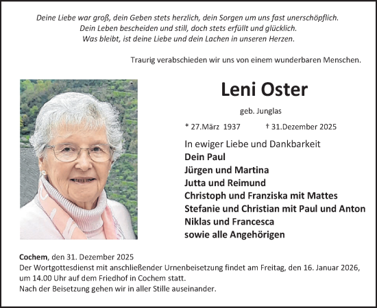 Traueranzeige von Leni Oster von WochenSpiegel