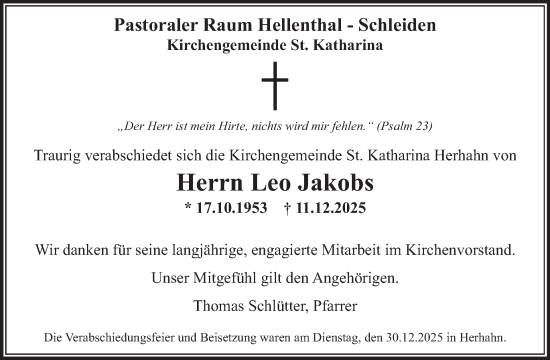 Traueranzeige von Leo Jakobs von WochenSpiegel