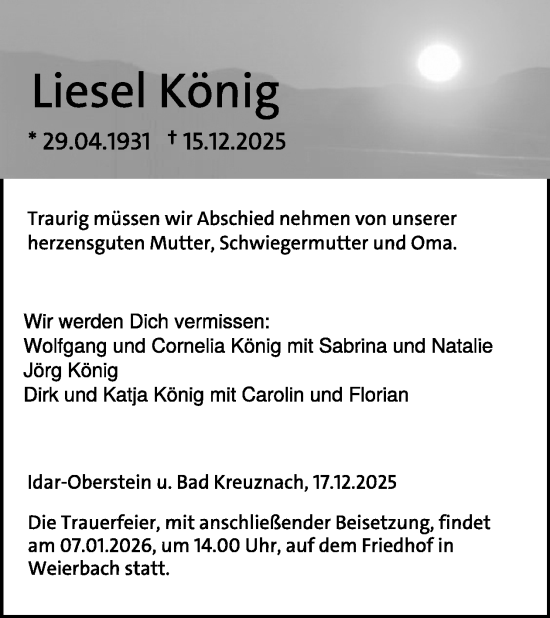 Traueranzeige von Liesel König von WochenSpiegel