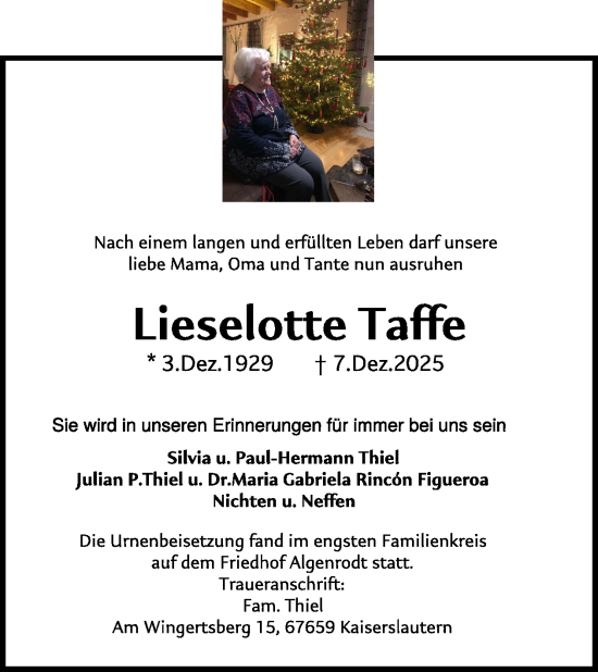 Traueranzeige von Lieselotte Taffe von WochenSpiegel