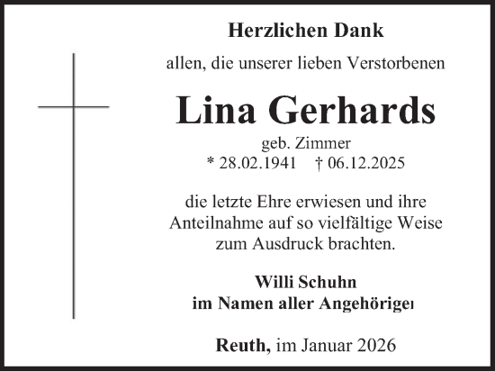 Traueranzeige von Lina Gerhards von WochenSpiegel