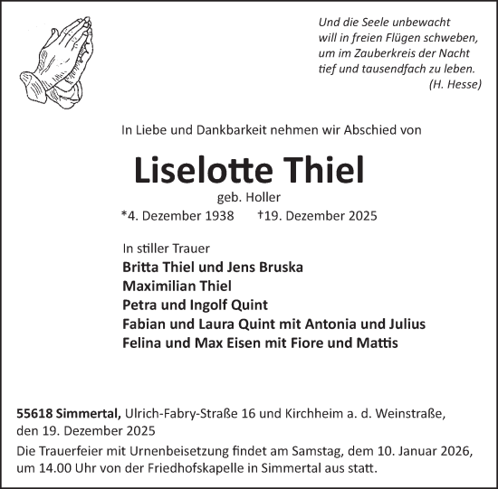 Traueranzeige von Liselotte Thiel von WochenSpiegel