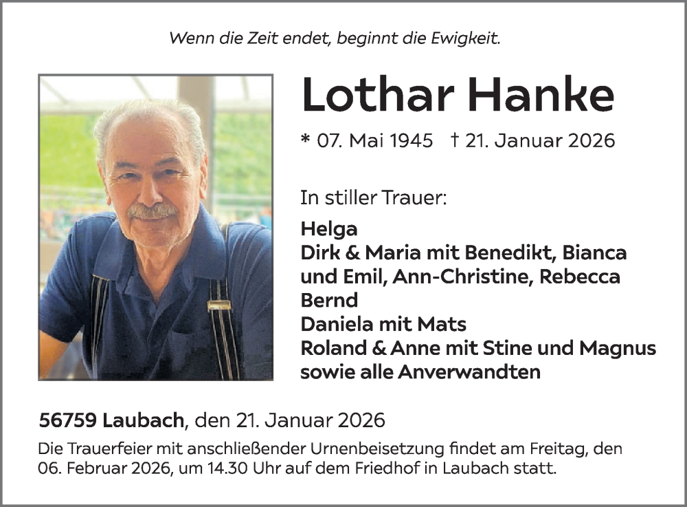  Traueranzeige für Lothar Hanke vom 28.01.2026 aus WochenSpiegel
