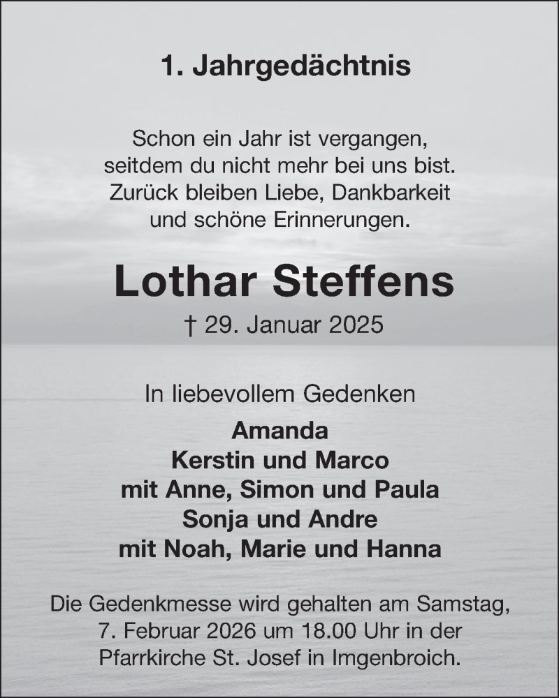  Traueranzeige für Lothar Steffens vom 28.01.2026 aus WochenSpiegel