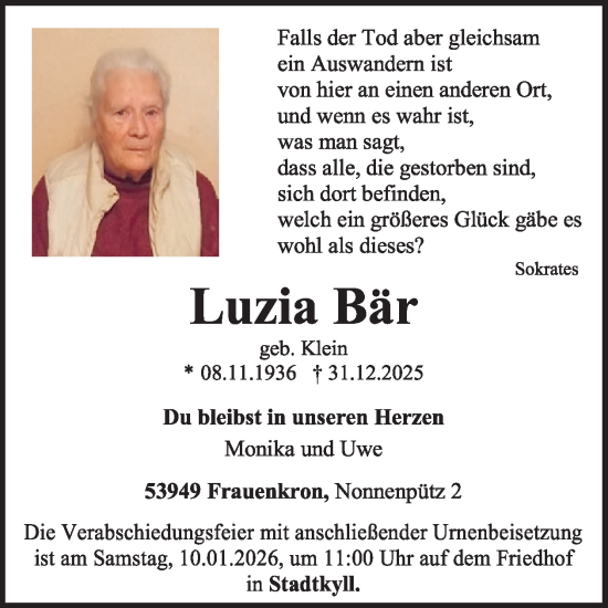 Traueranzeige von Luzia Bär von WochenSpiegel