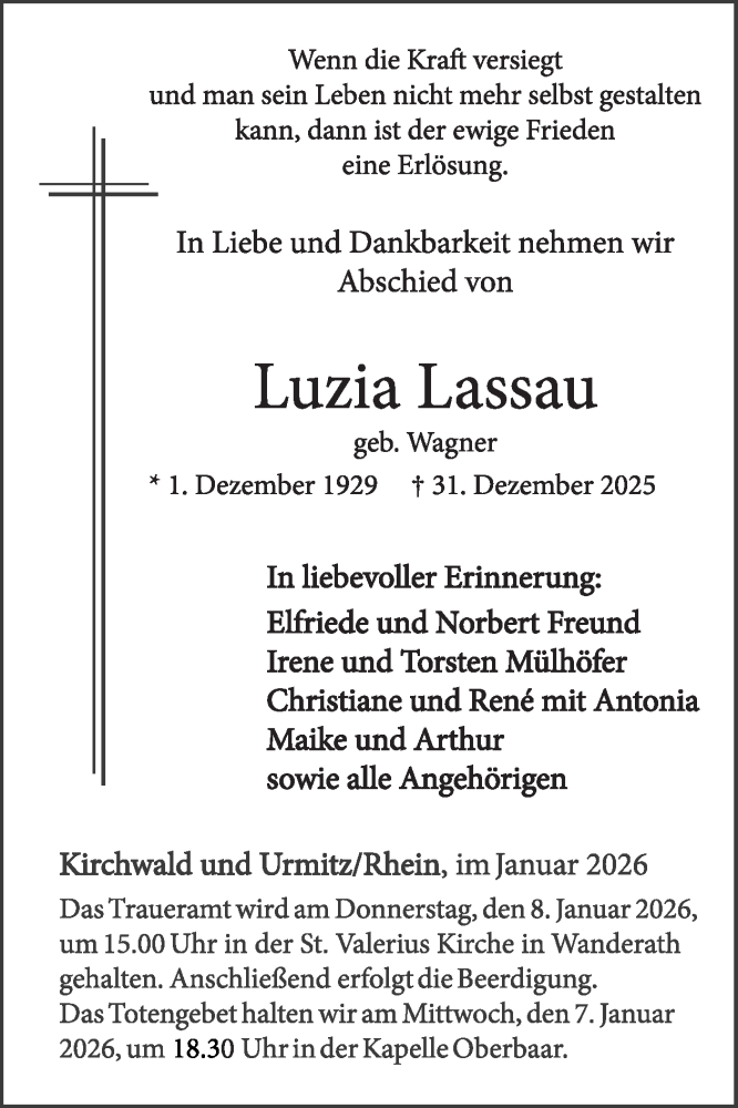  Traueranzeige für Luzia Lassau vom 07.01.2026 aus WochenSpiegel