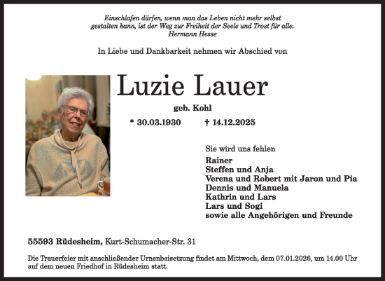 Traueranzeige von Luzie Lauer von WochenSpiegel