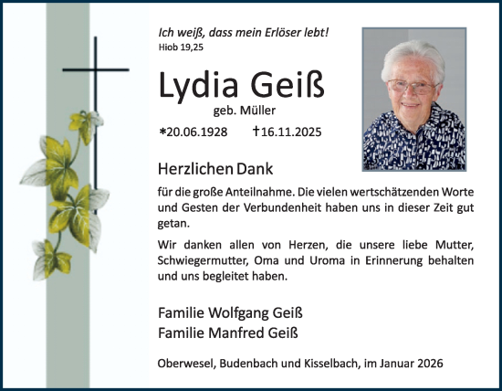 Traueranzeige von Lydia Geiß von WochenSpiegel