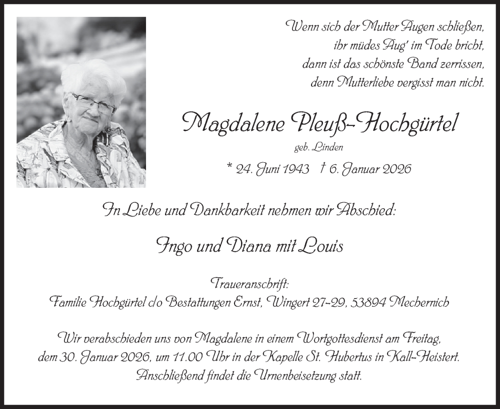  Traueranzeige für Magdalene Pleuß-Hochgürtel vom 14.01.2026 aus WochenSpiegel