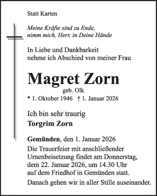 Traueranzeige von Magret Zorn von WochenSpiegel
