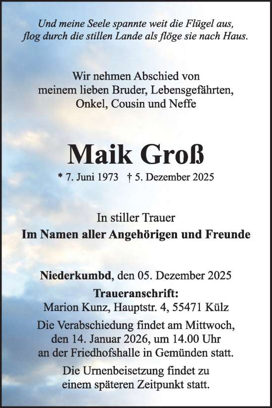 Traueranzeige von Maik Groß von WochenSpiegel