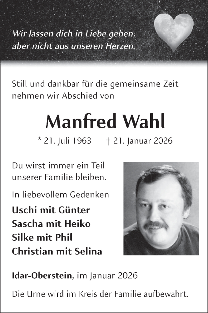  Traueranzeige für Manfred Wahl vom 31.01.2026 aus WochenSpiegel