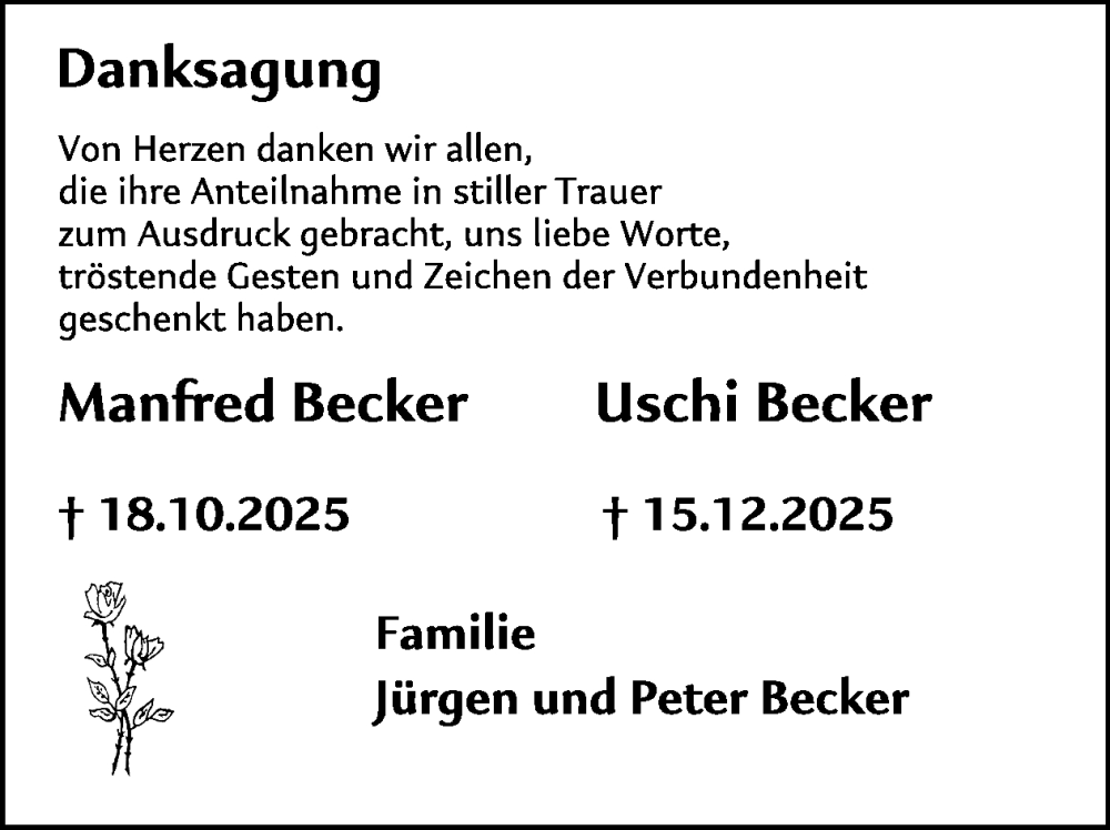  Traueranzeige für Manfred und Uschi Becker vom 31.01.2026 aus WochenSpiegel