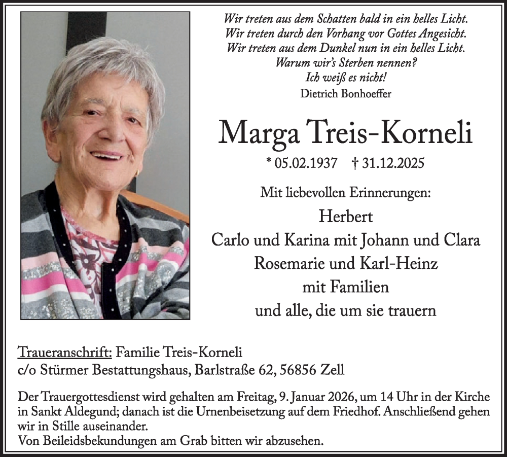  Traueranzeige für Marga Treis-Korneli vom 07.01.2026 aus WochenSpiegel