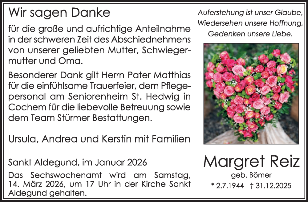  Traueranzeige für Margret Reiz vom 28.01.2026 aus WochenSpiegel