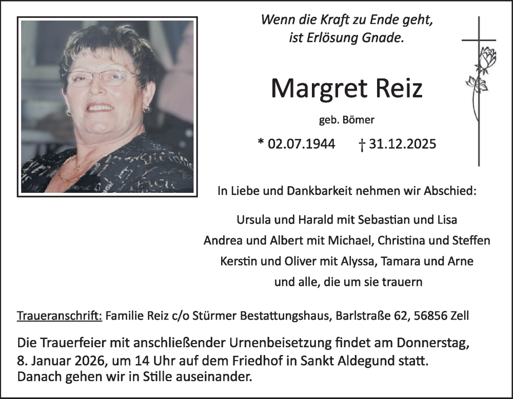  Traueranzeige für Margret Reiz vom 07.01.2026 aus WochenSpiegel