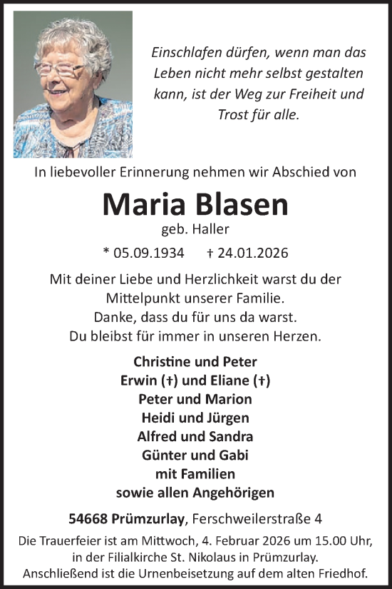 Traueranzeige von Maria Blasen von WochenSpiegel