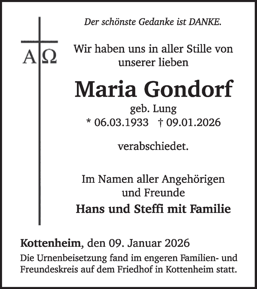  Traueranzeige für Maria Gondorf vom 28.01.2026 aus WochenSpiegel