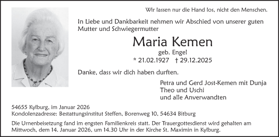 Traueranzeige von Maria Kemen von WochenSpiegel