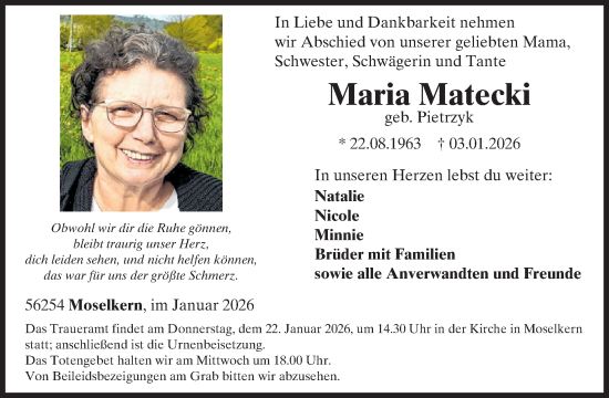 Traueranzeige von Maria Matecki von WochenSpiegel
