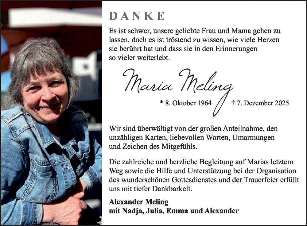  Traueranzeige für Maria Meling vom 10.01.2026 aus WochenSpiegel
