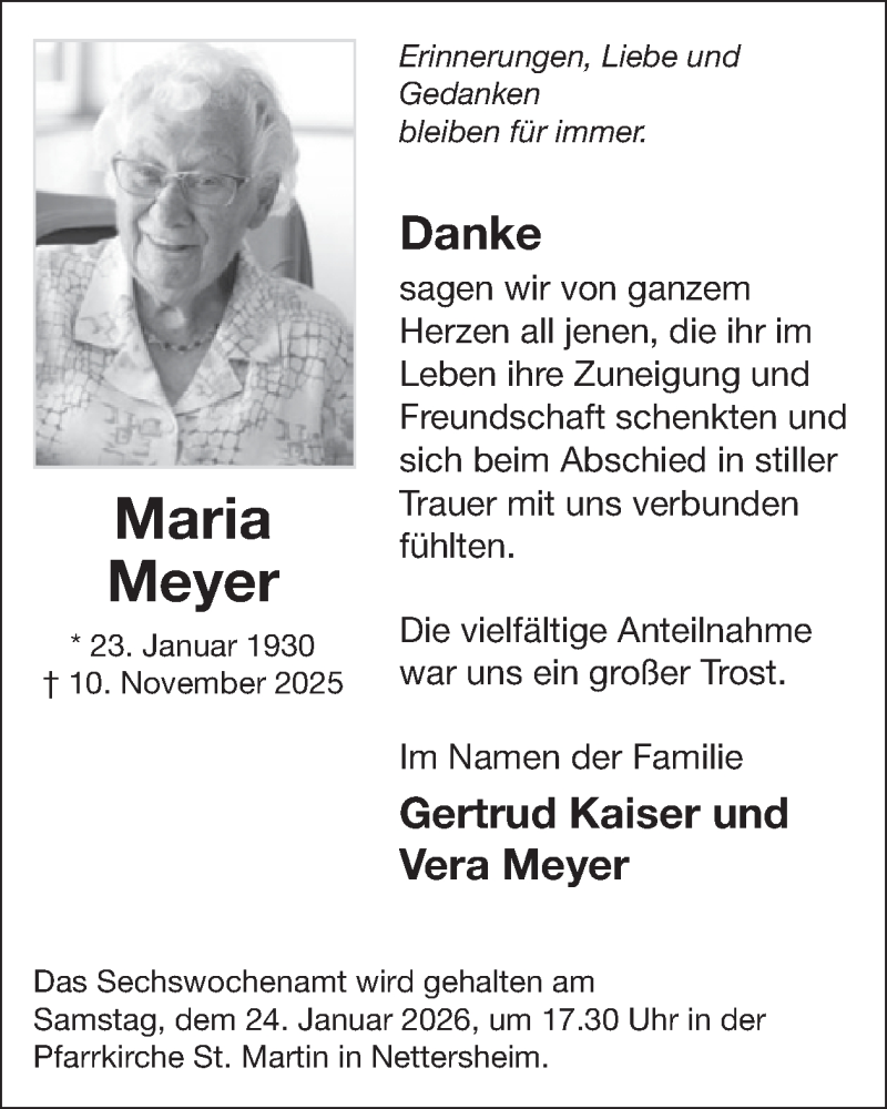  Traueranzeige für Maria Meyer vom 14.01.2026 aus WochenSpiegel