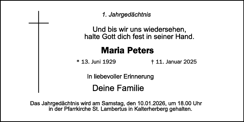  Traueranzeige für Maria Peters vom 07.01.2026 aus WochenSpiegel