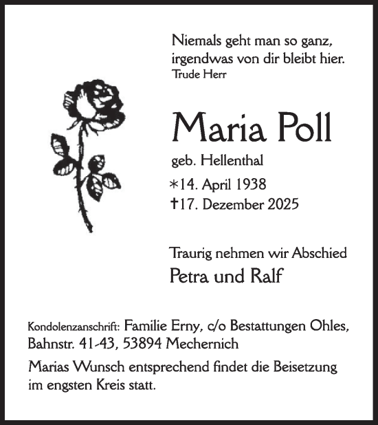 Traueranzeige von Maria Poll von WochenSpiegel
