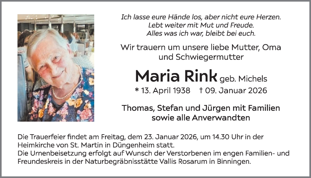  Traueranzeige für Maria Rink vom 14.01.2026 aus WochenSpiegel