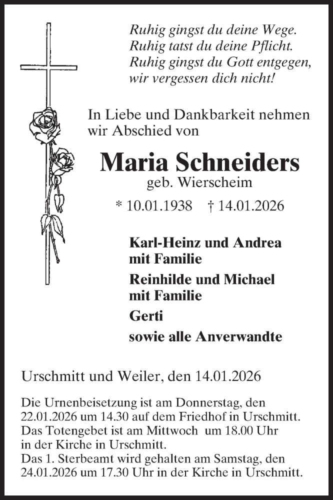  Traueranzeige für Maria Schneiders vom 21.01.2026 aus WochenSpiegel