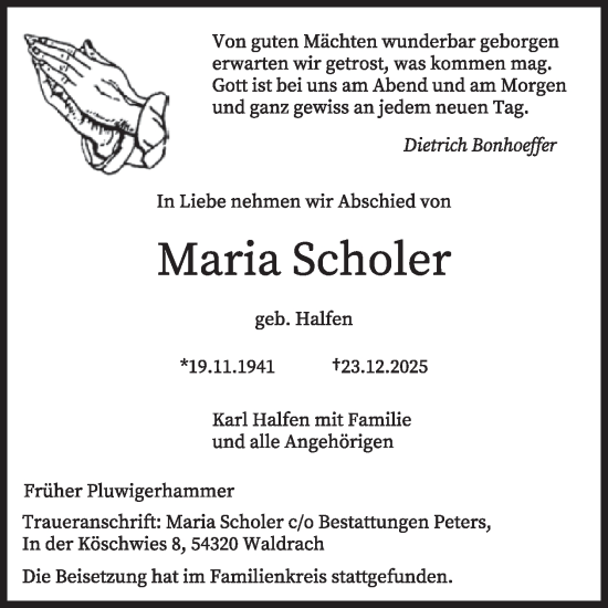 Traueranzeige von Maria Scholer von WochenSpiegel