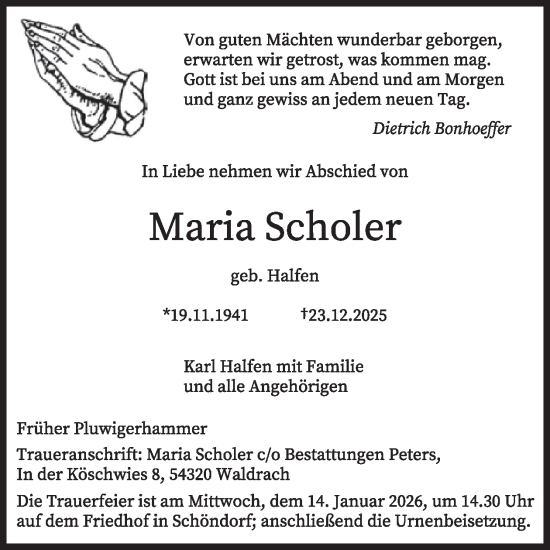 Traueranzeige von Maria Scholer von WochenSpiegel