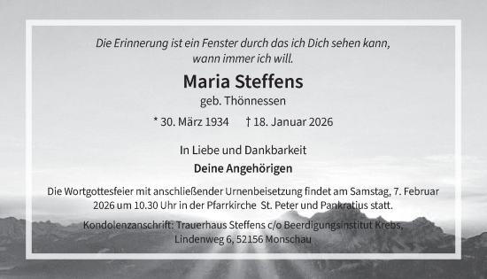 Traueranzeige von Maria Steffens von WochenSpiegel