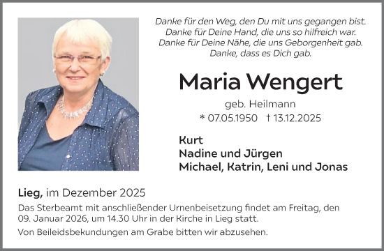 Traueranzeige von Maria Wengert von WochenSpiegel